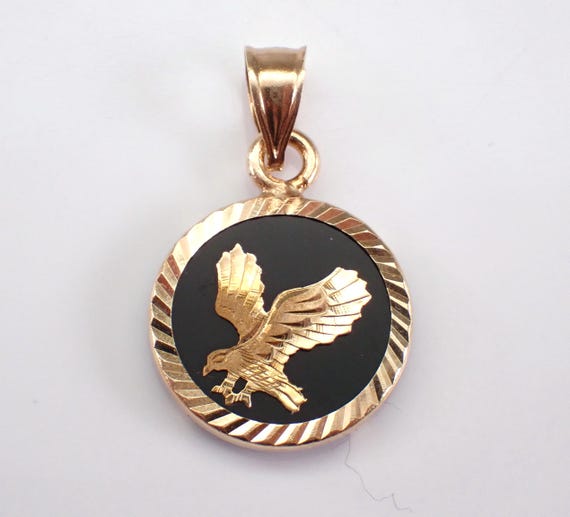 Vintage 14K Yellow Gold EAGLE Charm, Black Onyx Round Coin Disk Pendant, Estate American Icon Symbol for Bracelet or Necklace