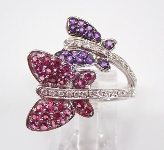 Solid 14K White Gold BUTTERFLY Ring, Genuine Amethyst and Pink Tourmaline Crossover Ring, Natural Diamond Wraparound Band