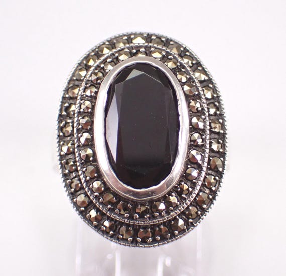 Sterling Silver Onyx and Marcasite Ring: Unique Double Halo Cocktail Band