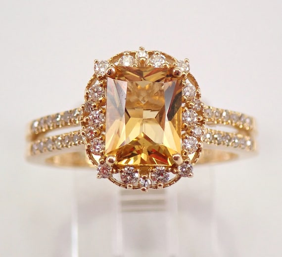 Radiant Cut Beryl Engagement Ring - Solid 14k Yellow Gold Bridal Jewelry - Genuine Diamond Halo Setting
