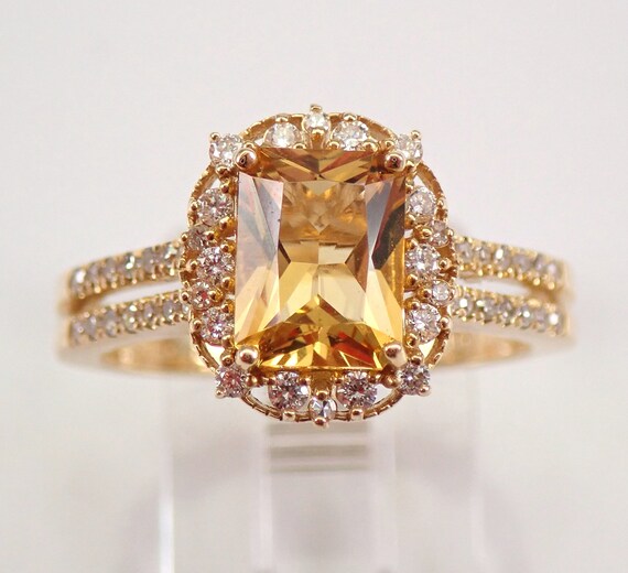 14K Yellow Gold Beryl Engagement Ring - Gemstone and Diamond Halo Setting - Unique Bridal Fine Jewelry Gift