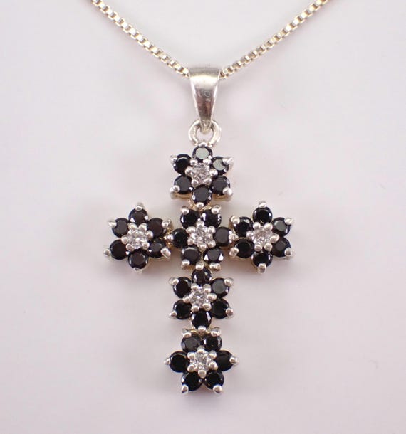 Sterling Silver Sapphire Cross Pendant - Vintage Religious Charm Necklace