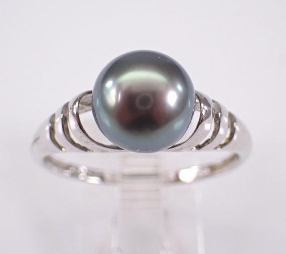 Vintage Sterling Silver Black Pearl Ring: Estate Bridal Engagement Setting