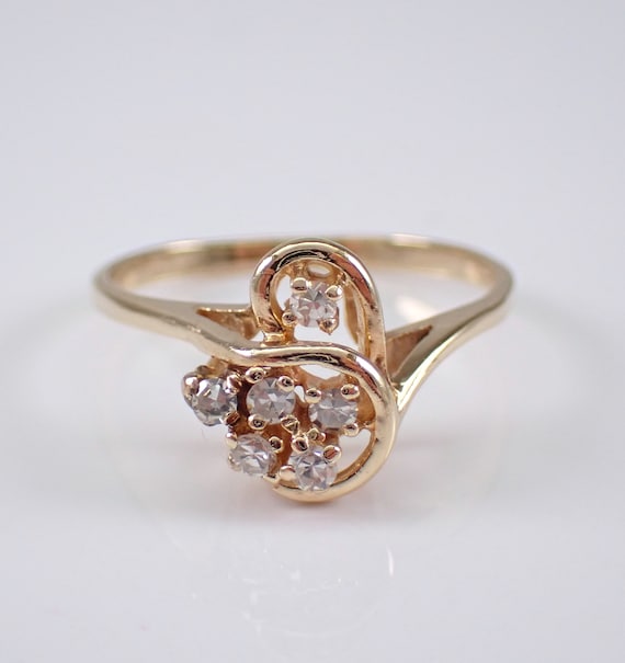 Vintage Diamond Midi Cluster Ring - 14K Yellow Gold Thin Cocktail Right Hand Band - Unique Petite Estate Jewelry Gift