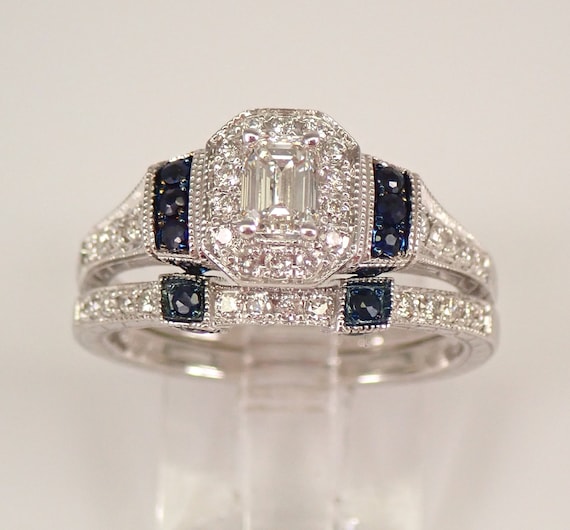 14K White Gold Diamond Engagement Ring Set - Stackable Bridal Contour Wedding Band - Sapphire Gemstone Accents