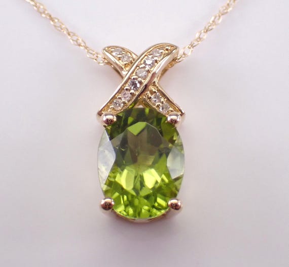 Yellow Gold Peridot and Diamond Pendant, Gemstone Charm Necklace and Chain, August Birthstone Jewelry Gift