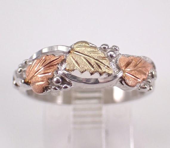 Vintage Sterling Silver Tri Color Leaf Ring - Estate Dainty 12K Gold Band