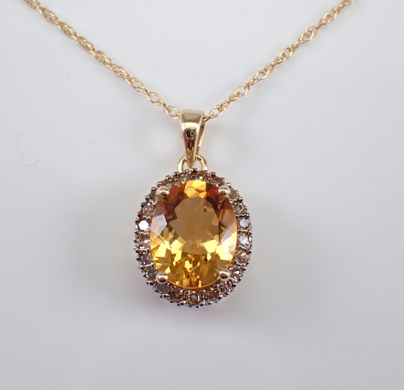Citrine and Champagne Diamond Necklace, 14K Yellow Gold Unique Halo Choker Pendant, November Birthstone Jewelry Gift