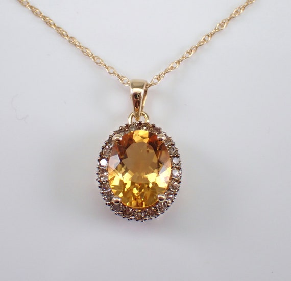 14K Yellow Gold Citrine Pendant and Chain - Brown Diamond Halo Charm Necklace - Gemstone Choker Birthstone Jewelry Gift