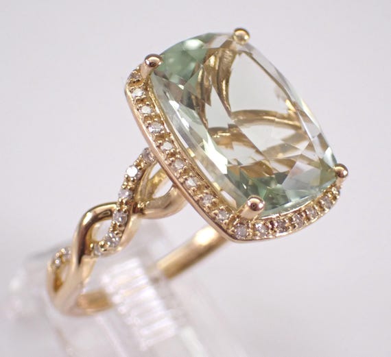 Large Green Amethyst and Diamond Ring, Yellow Gold Gemstone Halo Setting, Prasiolite Bridal Jewelry Gift