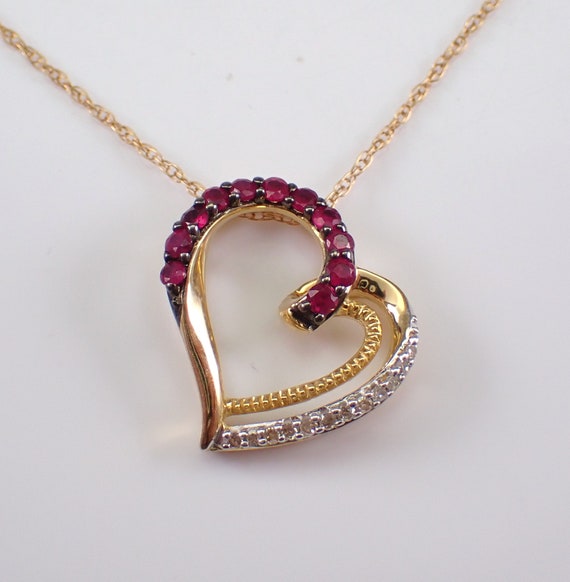 Ruby and Diamond Heart Necklace - Yellow Gold Gemstone Choker Chain - July Birthstone Charm Pendant Jewelry Gift