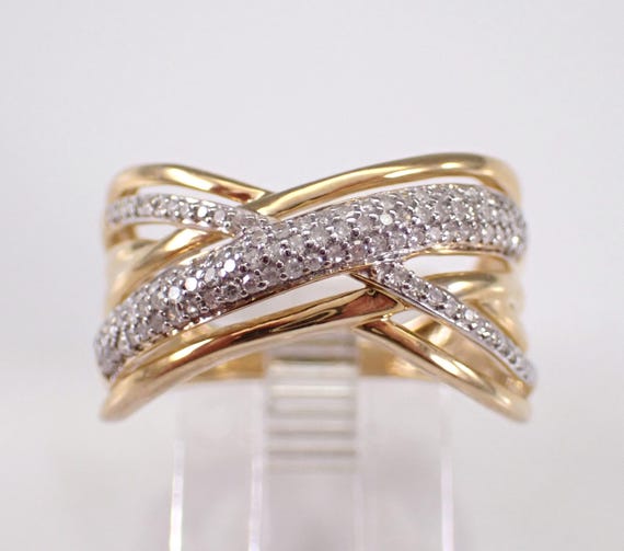 Multi Row Diamond Anniversary Ring, Solid Yellow Gold Crossover Wedding Band, Unique Bridal Fine Jewelry Gift