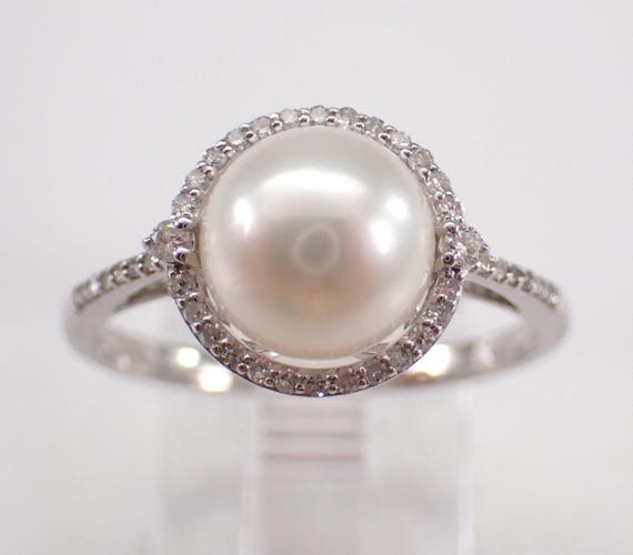 14K White Gold Pearl Engagement Ring - Dainty Diamond Halo Setting - June Birthstone Fine Jewelry Gift