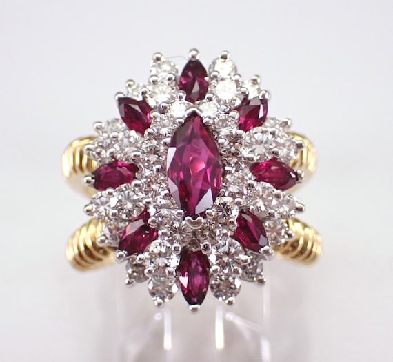 18K Yellow Gold Ruby and Diamond Ring - Vintage Gemstone Cluster Band - Chunky Estate Fine Jewelry Gift