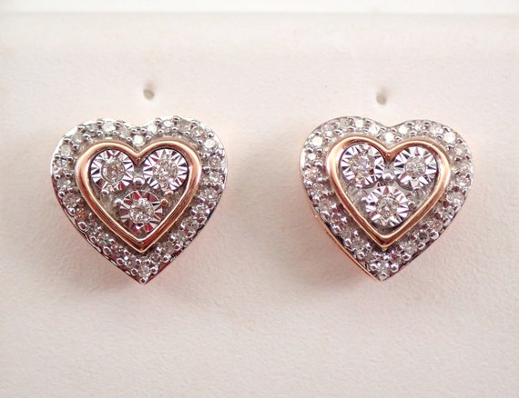 Genuine Diamond Stud Earrings - Rose Gold Heart Cluster Studs - Unique Wedding Gift for Her