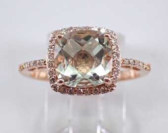 14K Rose Gold Prasiolite Ring - Diamond Halo Engagement Setting - Unique Green Amethyst Gemstone Jewelry Gift