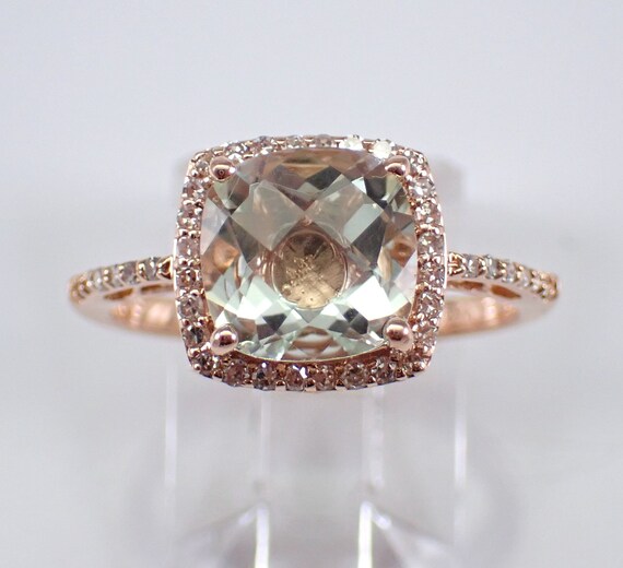 14K Rose Gold Prasiolite Ring - Diamond Halo Engagement Setting - Unique Green Amethyst Gemstone Jewelry Gift