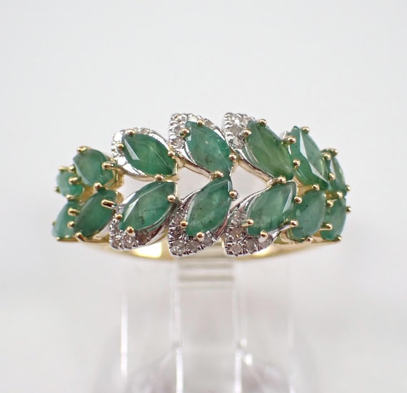 Yellow Gold Emerald Wedding Ring, Stacking Diamond Anniversary Band, May Gemstone Fine Jewelry Gift