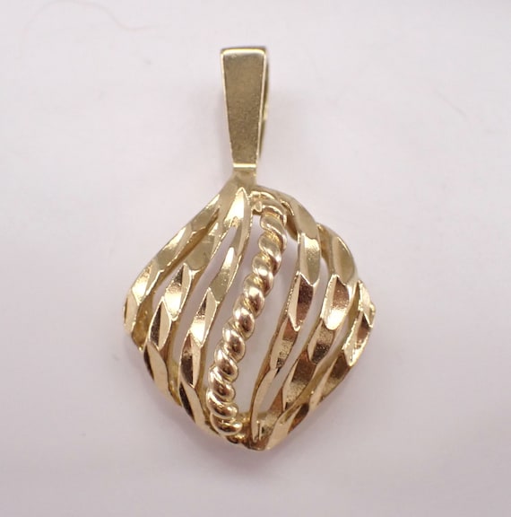 14K Yellow Gold Charm Pendant, Estate Small Puffy Perforated Rhombus Drop for Bracelet or Necklace