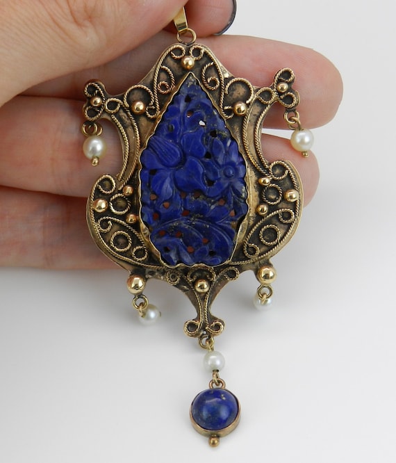 1890s Edwardian Lapis Lazuli Pendant - 14K Yellow… - image 2