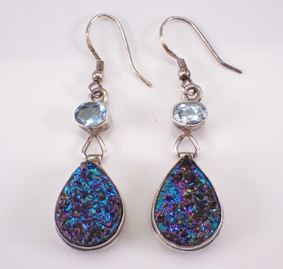 Vintage Sterling Silver Blue Topaz and Druzy Dangle Earrings: Dainty Estate Teardrop Drops