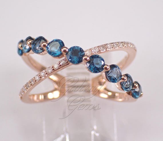 London Blue Topaz and Diamond Crossover Ring: Rose Gold Bypass Anniversary Band