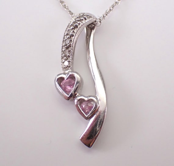 Pink Sapphire and Diamond Pendant Necklace - White Gold Gemstone Heart Charm - Dainty Estate Choker Chain Jewelry Gift