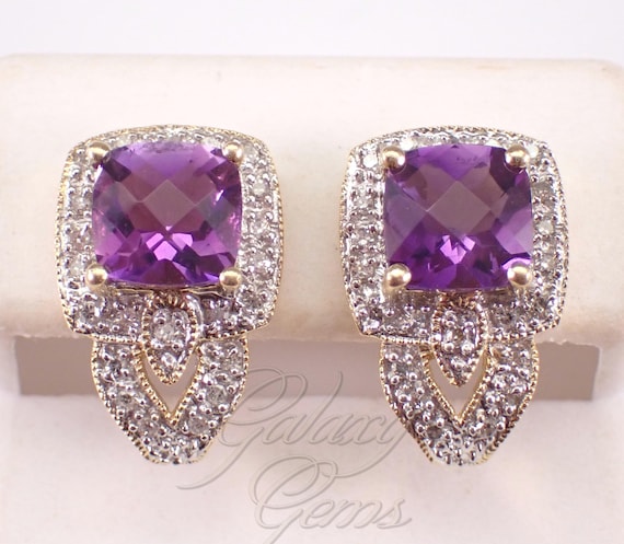 Vintage 14K Yellow Gold Amethyst and Diamond Earrings: Unique Half Hoop Stud Drops
