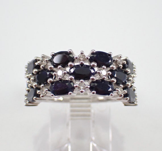 Sapphire and Diamond Multi Row Wedding Ring - White Gold Cluster Anniversary Band - Gemstone Fine Jewelry Gift