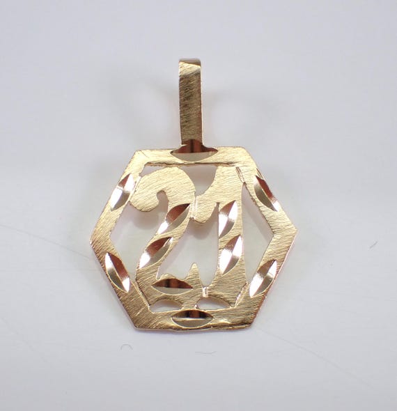Vintage "21" Hexagon Frame Charm, Antique 14K Yellow Gold Pendant for Necklace or Bracelet