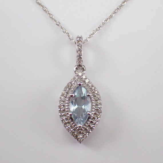 Aquamarine and Diamond Necklace - White Gold Halo Pendant and Chain - Aqua Marine March Gemstone Jewelry Gift