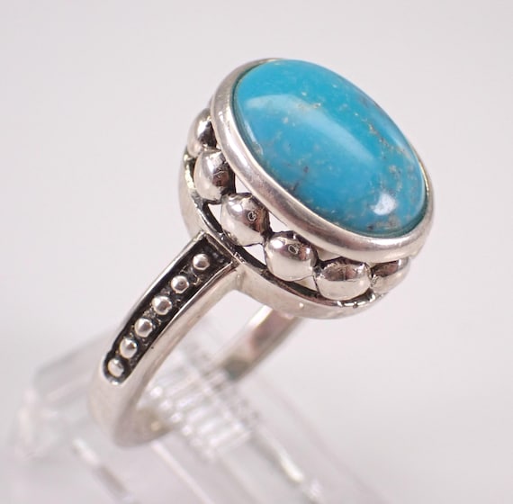 Vintage Sterling Silver Turquoise Ring - Estate Gemstone Solitaire Band - Beaded Right Hand Jewelry Gift