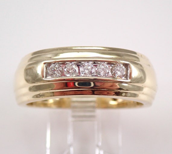 Solid Yellow Gold Diamond Wedding Ring - Bridal Anniversary Band for Him - Unisex Mens Bridal Jewelry