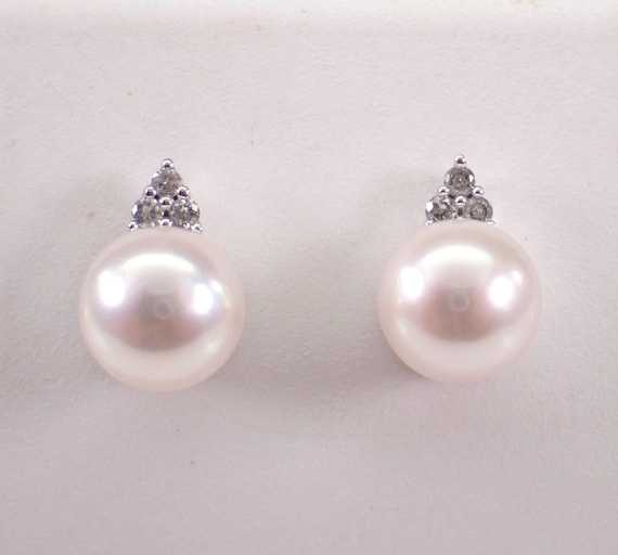Pearl and Diamond Stud Earrings - 14K White Gold Fine Jewelry Gift - June Birthstone Gemstone Studs
