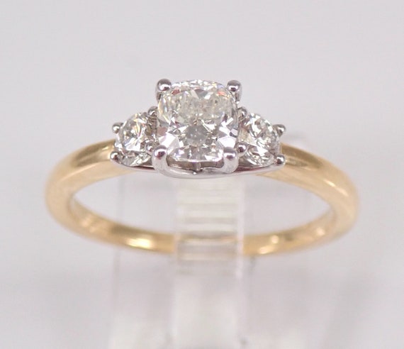 Cushion Cut Diamond Engagement Ring - 14K Two Tone Gold Three Stone Setting - Simple Bridal Promise Jewelry