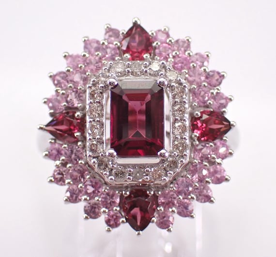 14K White Gold Rhodolite Garnet Ring - Pink Sapphire and Diamond Band - Unique Gemstone Cocktail Jewelry