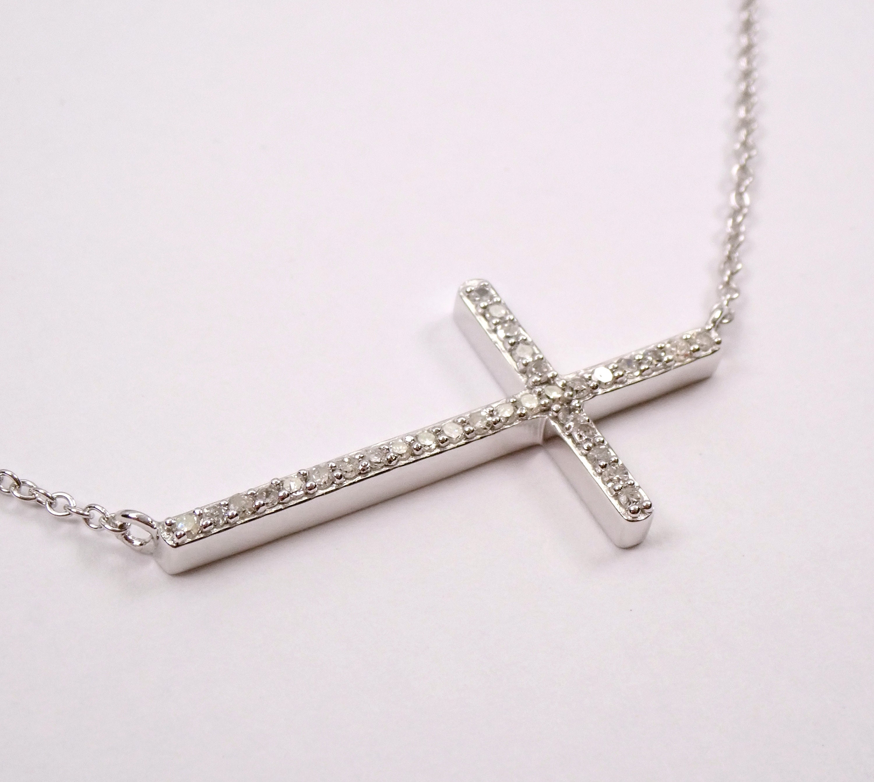 White Gold Diamond Cross Diamond Sideways Cross Cross Necklace