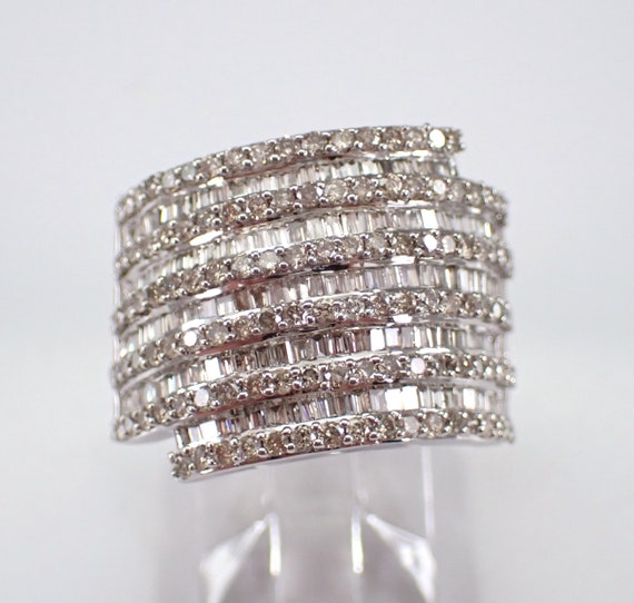 Diamond Anniversary Cigar Band - White Gold Baguette Wedding Ring - Unique Bridal Fine Jewelry Gift