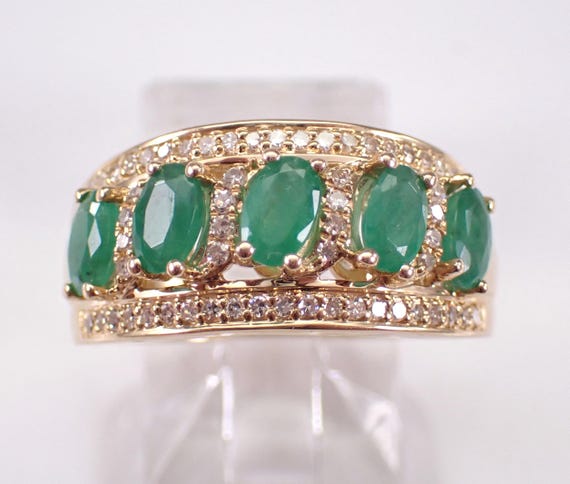 Emerald and Diamond Wedding Anniversary Ring - Solid 14K Yellow Gold Gemstone Jewelry