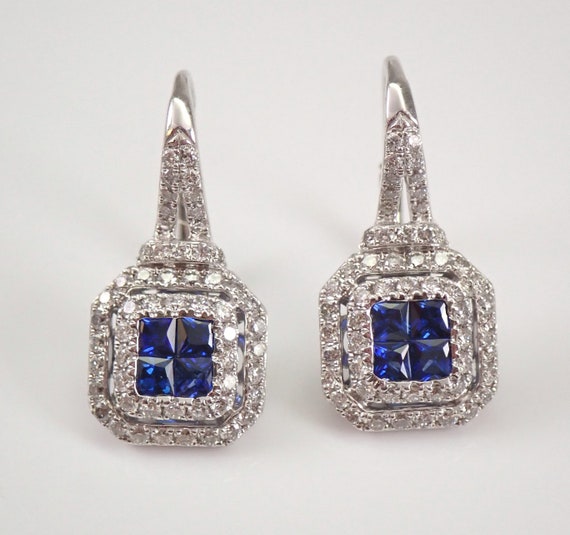 Genuine Princess Cut Sapphire Earrings, 14K White Gold Diamond Halo Drop Earrings, Secure Leverback European Clasp