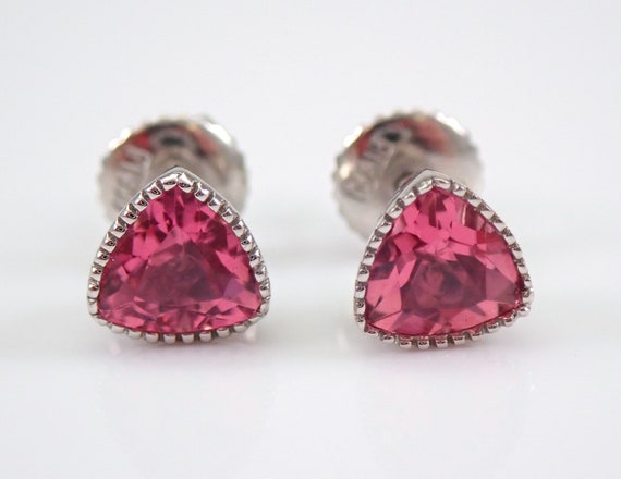 Platinum Pink Tourmaline Stud Earrings Trillion Screw Back Studs for Women Platinum Jewelry Hypoallergenic