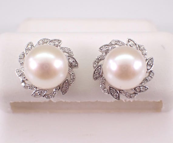 White Gold Pearl and Diamond Stud Earrings, Unique Bridal Fine Jewelry Gift