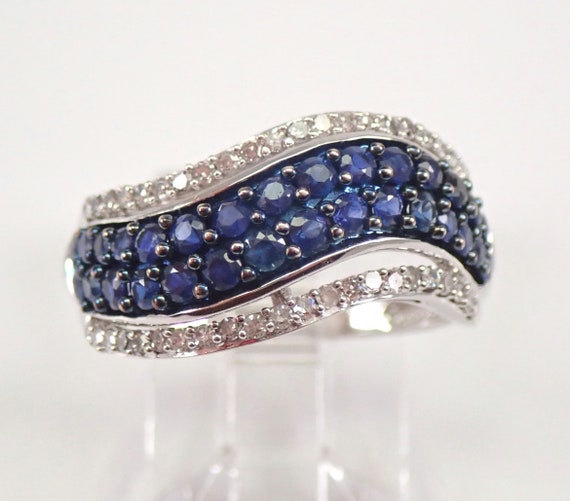 Sapphire and Diamond Anniversary Ring - Unique White Gold Wedding Band - GalaxyGems Gemstone Fine Jewelry Gift