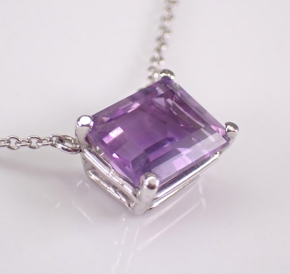 18K White Gold  Amethyst Solitaire Necklace: Dainty Station Gemstone Charm Pendant and Chain