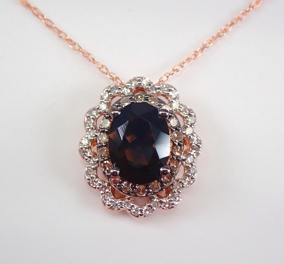 Genuine Smokey Topaz Halo Pendant - Unique Solid 14K Rose Gold Necklace - Fancy Brown Diamond Swirl Charm Slide Choker
