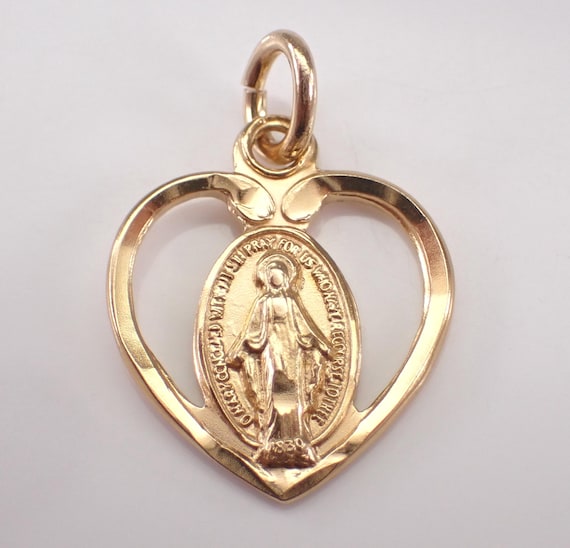 Vintage Yellow Gold Miraculous Medal Heart Charm - Religious Virgin Mary Pendant for Necklace or Bracelet