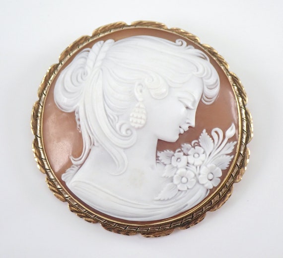 Vintage 14K Yellow Gold Cameo Brooch, Large Antique Flower Pendant, Carved Lady Profile Portrait