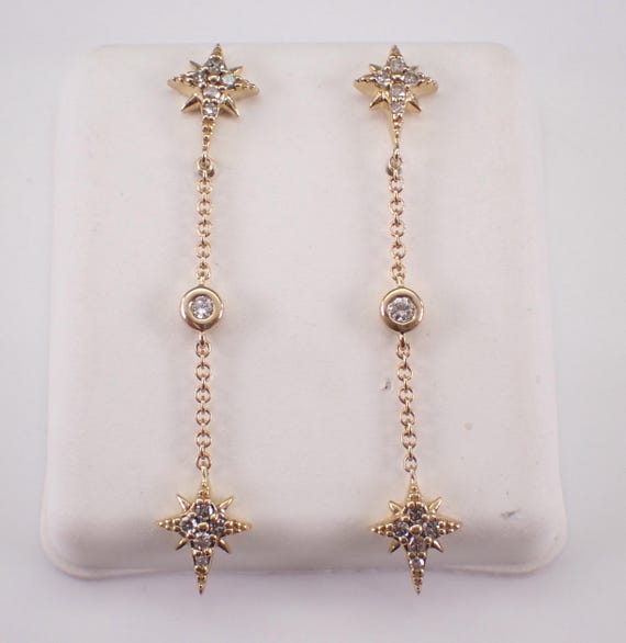 Yellow Gold Diamond Dangle Star Earrings: Long Celestial Chandelier Design
