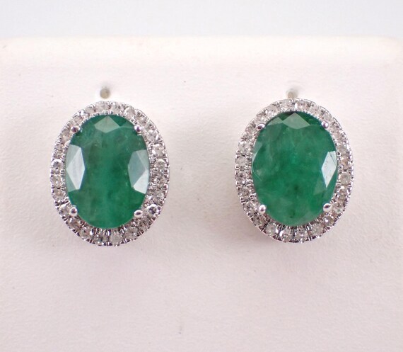 Emerald and Diamond Stud Earrings - White Gold Halo Screwback Studs - May Birthstone Fine Jewelry Gift
