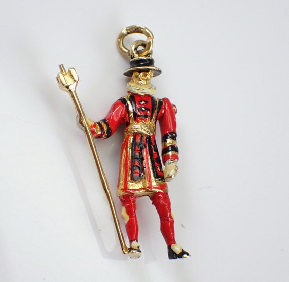 Vintage 14K Gold Beefeater Charm - Estate Red Enamel Armed Guard Pendant - Bodyguard Soldier Officer